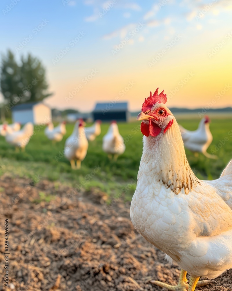 A group of white chickens roams in a vibrant green field during sunset. The peaceful rural landscape features farm structures in the background, enhancing the tranquil atmosphere A group of white chickens roams in a vibrant green field during sunset. The peaceful rural landscape features farm structures in the background, enhancing the tranquil atmosphere