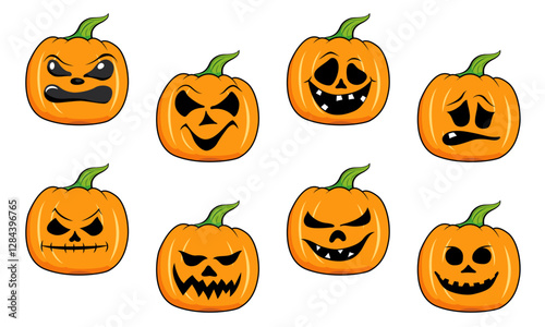 Set of Halloween Pumpkins with Different Expressions isolated in white background