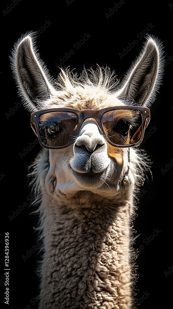 Fototapeta premium A llama wears sunglasses.