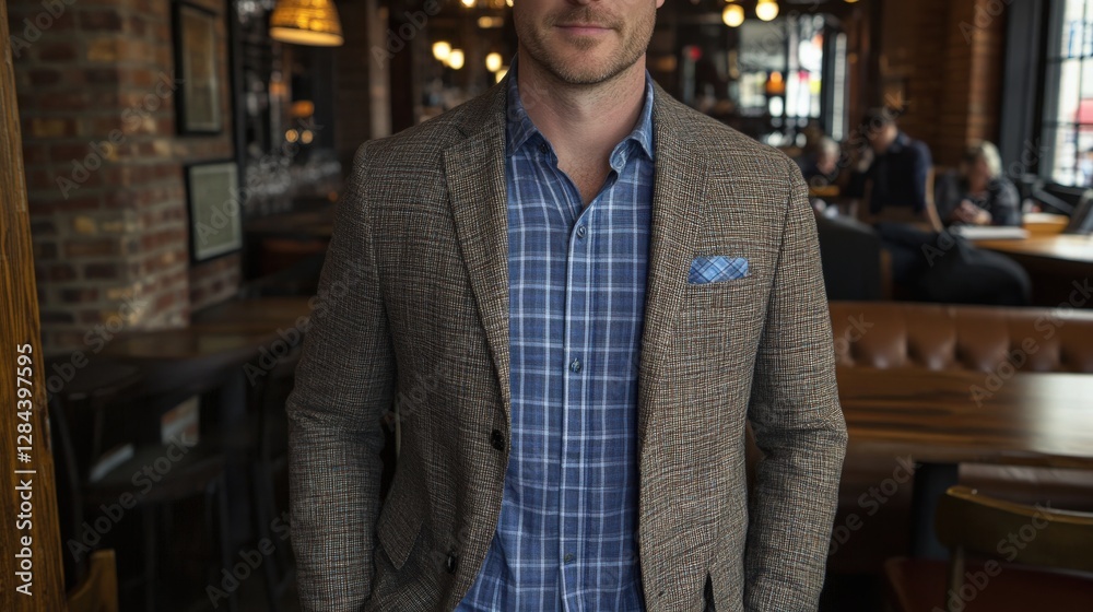 Fototapeta premium Professional Man in Business Casual Attire Featuring a Blazer and Checked Shirt