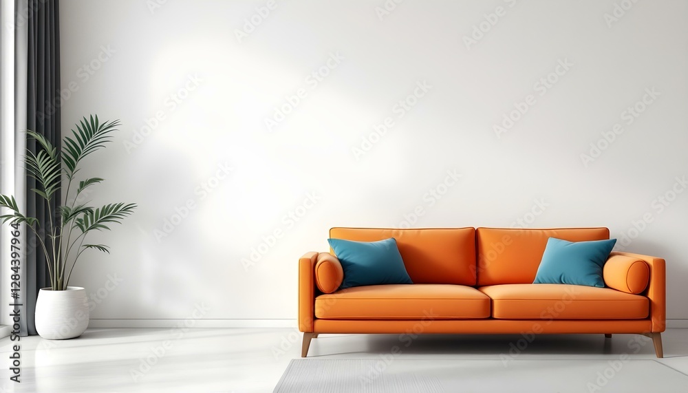 Modern minimalist living room, orange leather sofa, blue throw pillows Modern minimalist living room, orange leather sofa, blue throw pillows