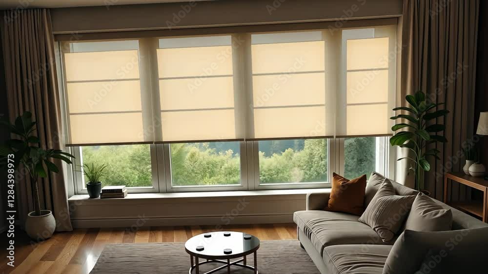 A chair is in front of a window with three blinds. A potted plant is next to the chair