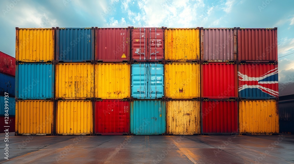 Fototapeta premium Stacked shipping containers with uk flag in cargo port symbolizing international trade