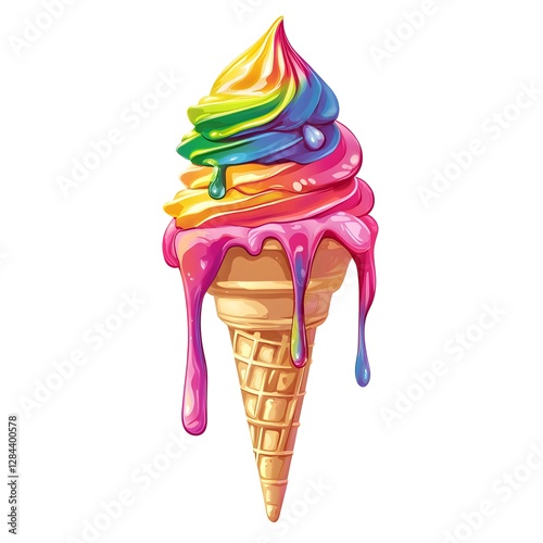 Vibrant Rainbow Sherbet Ice Cream Cone in a Colorful Lively Vector Illustration