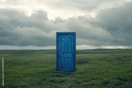 A blue door stands open in a field of tall grass, with a dramatic stormy sky above.