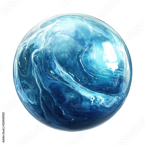 A blue and white swirled glass marble with a shiny finish.
