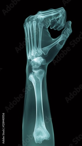 X ray image of a closed hand and forearm bones
