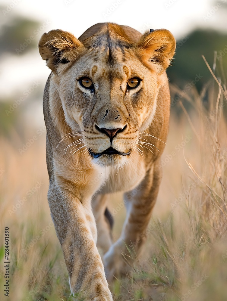 Obraz premium Majestic lioness walking confidently through tall grass under a clear blue sky : Generative AI