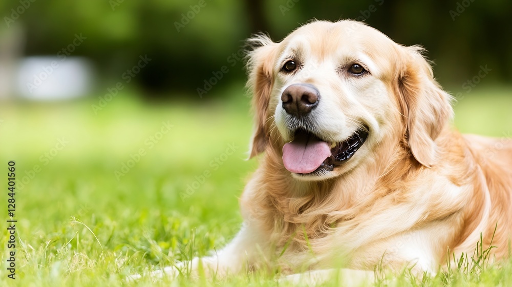 Happy golden retriever dog enjoying a sunny day on a green lawn in a natural setting : Generative AI Happy golden retriever dog enjoying a sunny day on a green lawn in a natural setting : Generative AI