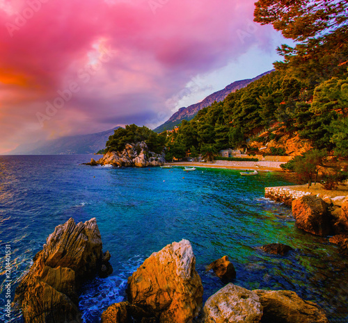 Fototapeta Naklejka Na Ścianę i Meble -  amazing nature scene, panoramic mornig view in Croatia, Makarska riviera, Dalmatia