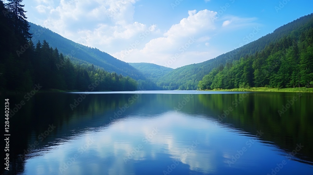 Naklejka premium Lush green forested hills surrounding a peaceful lake under a bright sky with soft clouds : Generative AI