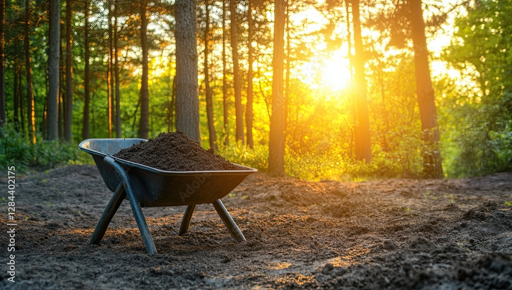 A peaceful scene of a wheelbarrow loaded with soil against a tranquil backdrop of nature as the sun sets, offering open space for a caption A peaceful scene of a wheelbarrow loaded with soil against a tranquil backdrop of nature as the sun sets, offering open space for a caption
