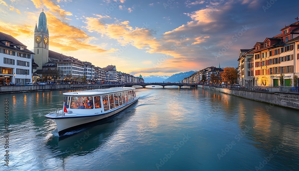 Fototapeta premium Tourist boat on Limmat river and Fraumunster Church in Zurich, Switzerland.