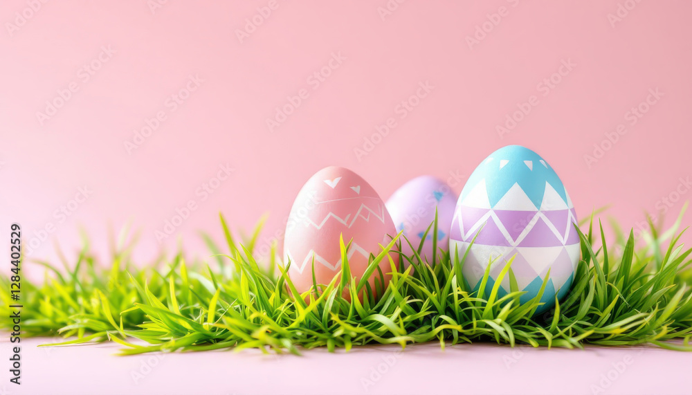 Three decorated easter eggs nestled in green grass Three decorated easter eggs nestled in green grass