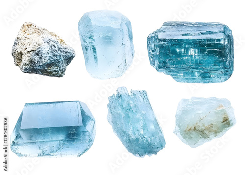 various samples of raw aquamarine mineral isolated photo