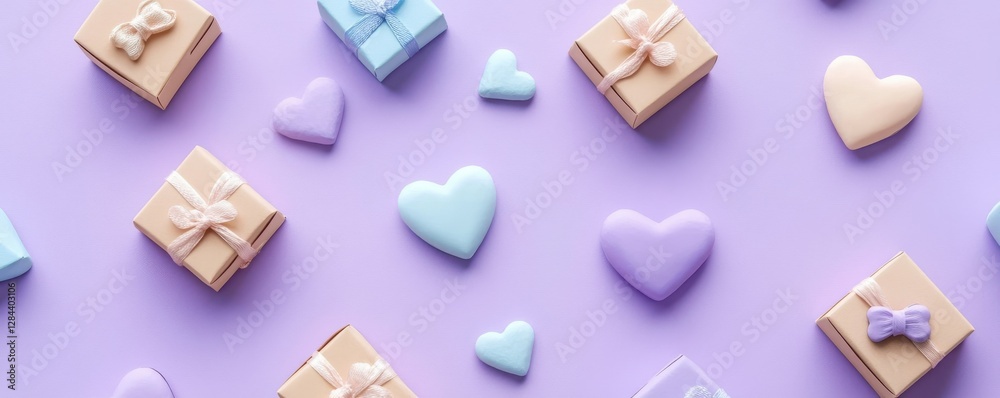 Pastel gift boxes and heart-shaped decorations on purple background Pastel gift boxes and heart-shaped decorations on purple background