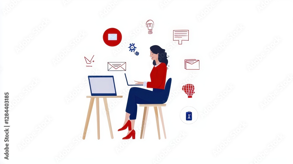 Woman Working on Laptop at Desk Surrounded by Various Digital Communication Icons and Symbols Woman Working on Laptop at Desk Surrounded by Various Digital Communication Icons and Symbols