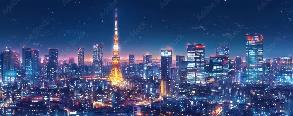 Fototapeta premium Illuminated cityscape at night with tower and skyscrapers in vibrant metropolis skyline