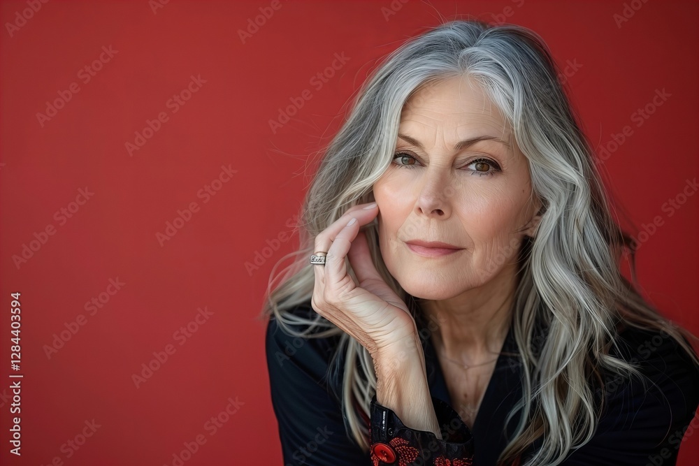 Fototapeta premium Bright and vibrant closeup portrait of a middle-aged woman gently touching her face, highlighting her natural beauty and unique features.