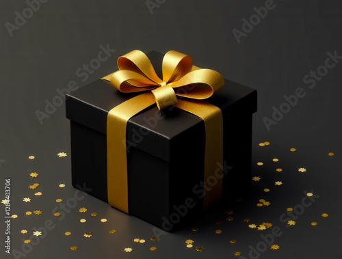 A black box with gold ribbons and gold confetti on the ground