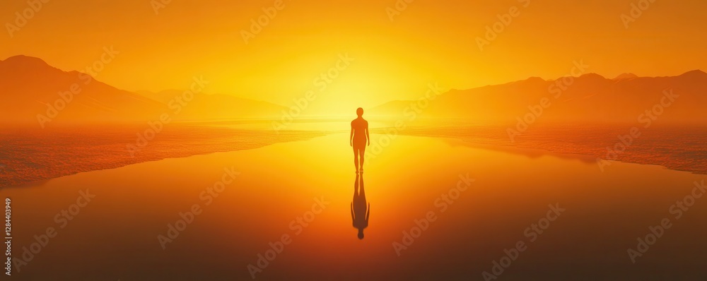 Silhouetted figure at sunset on reflective water in desert landscape Silhouetted figure at sunset on reflective water in desert landscape