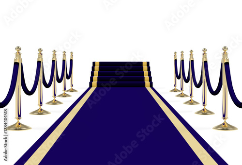 Black blue carpet with stairs, podium, ropes and golden stanchions. Vector illustration.