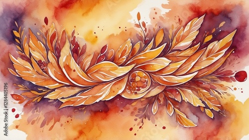Elegant watercolor illustration of autumn leaves and berries in warm hues
