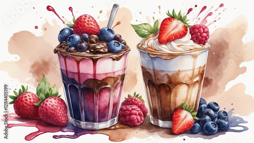 Colorful parfaits with layers of yogurt, chocolate, and fresh berries in stylish glasses

