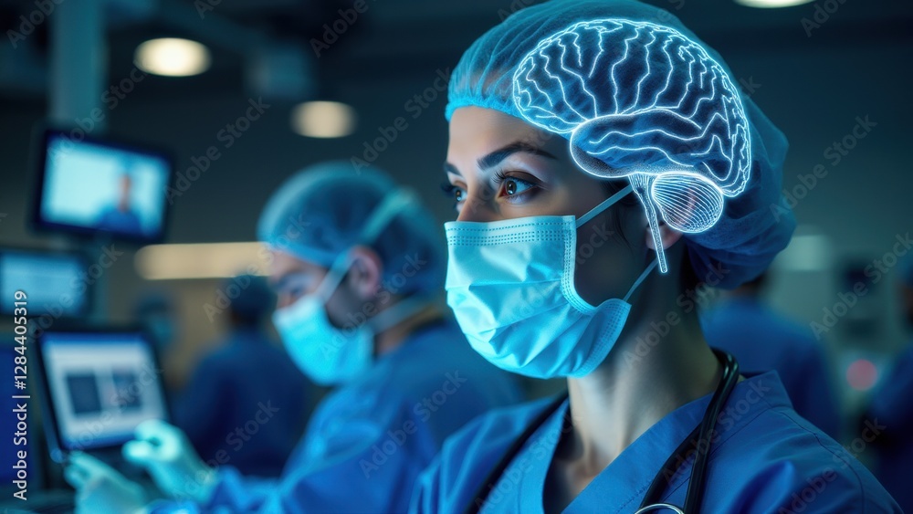 Brain hologram displays healthcare ai, illustrating neural networks for precise neurology. Brain hologram displays healthcare ai, illustrating neural networks for precise neurology.
