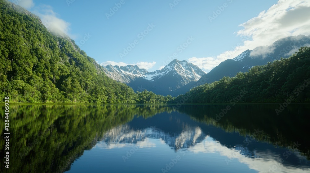 Tranquil Mountain Landscape Reflecting on Still Water with Lush Green Forests and Snow-Capped Peaks Tranquil Mountain Landscape Reflecting on Still Water with Lush Green Forests and Snow-Capped Peaks