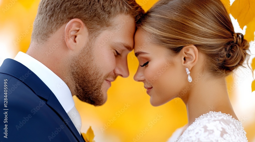 Romantic couple sharing a tender moment with autumn leaves background