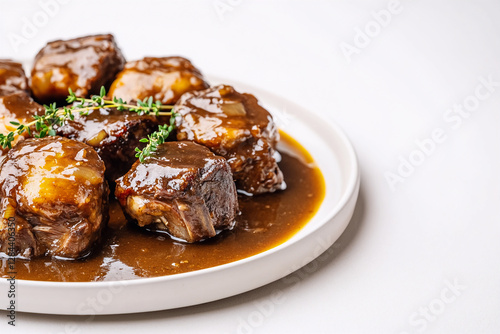 Plate of braised short ribs in a rich brown sauce, garnished with thyme, served on a plain white table, even natural lighting, rustic and hearty feel
