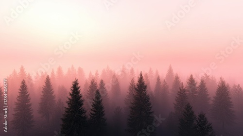 Serene Misty Forest at Sunrise with Soft Pink and Orange Hues Creating a Tranquil Atmosphere