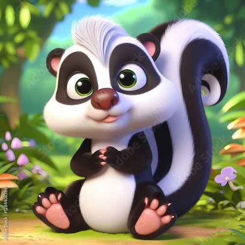 Adorable cartoon skunk with big eyes sitting in a colorful forest setting.
