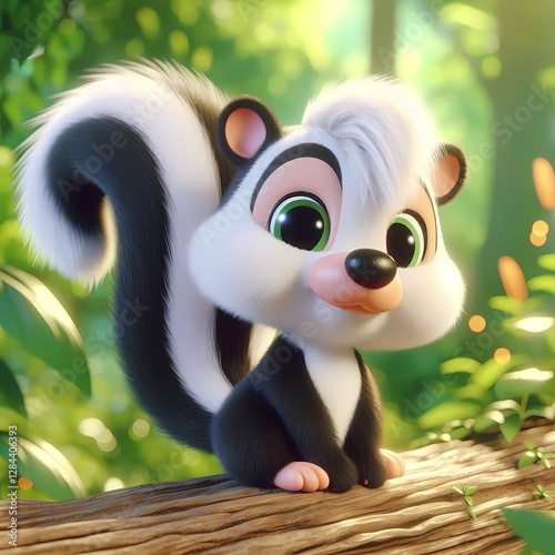 A cute cartoon skunk with big eyes sits on a log, surrounded by vibrant green foliage.