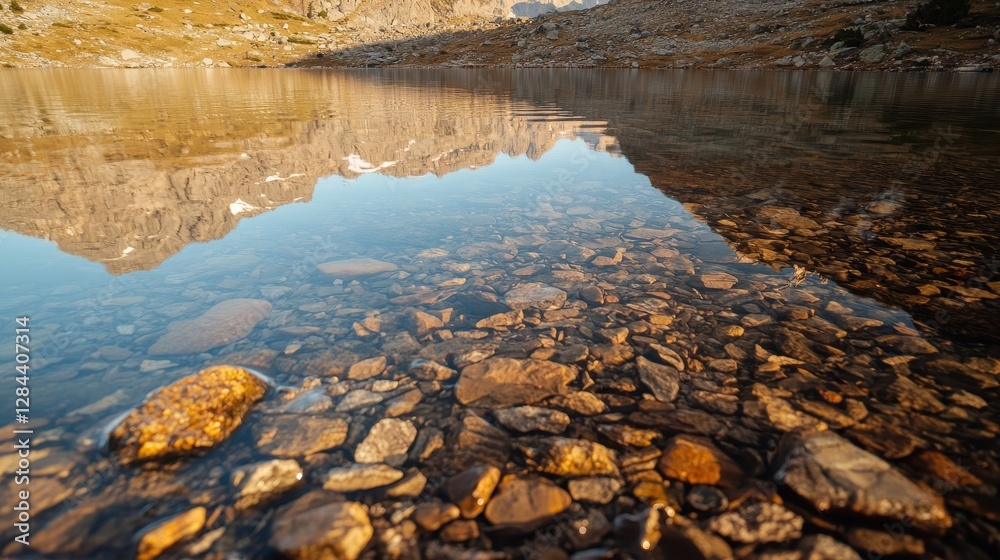 Calm Mountain Lake with Clear Reflections and Colorful Pebbles at the Shoreline in Autumn Light Calm Mountain Lake with Clear Reflections and Colorful Pebbles at the Shoreline in Autumn Light