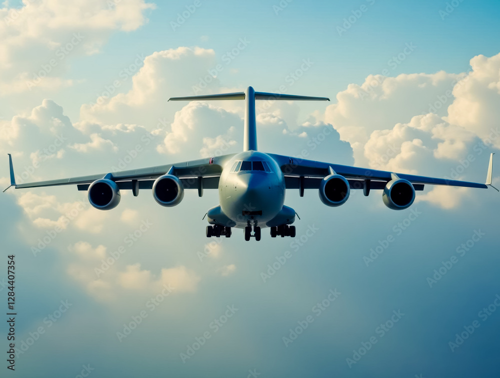 Naklejka premium A large jet plane is flying through the sky
