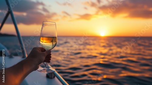 Fototapeta Naklejka Na Ścianę i Meble -  Moderate drinking while enjoying a sunset on a boat. Featuring freedom and enjoyment