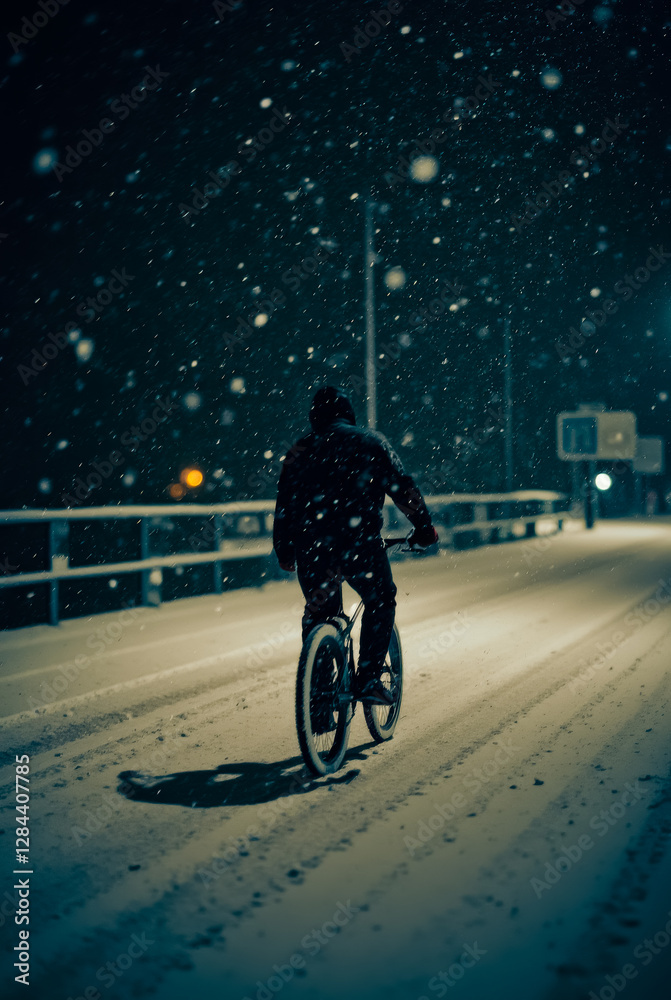 Obraz premium A man is riding a bicycle down a snowy street at night