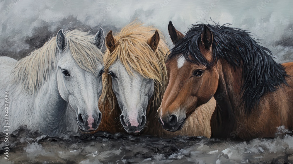 Fototapeta premium Three horses with varied manes in a misty landscape
