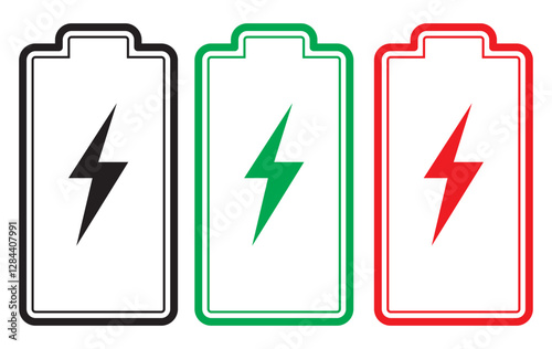 Set of vertical battery level indicators in percentage vector. Battery indicator symbols. 0-100 percent.
