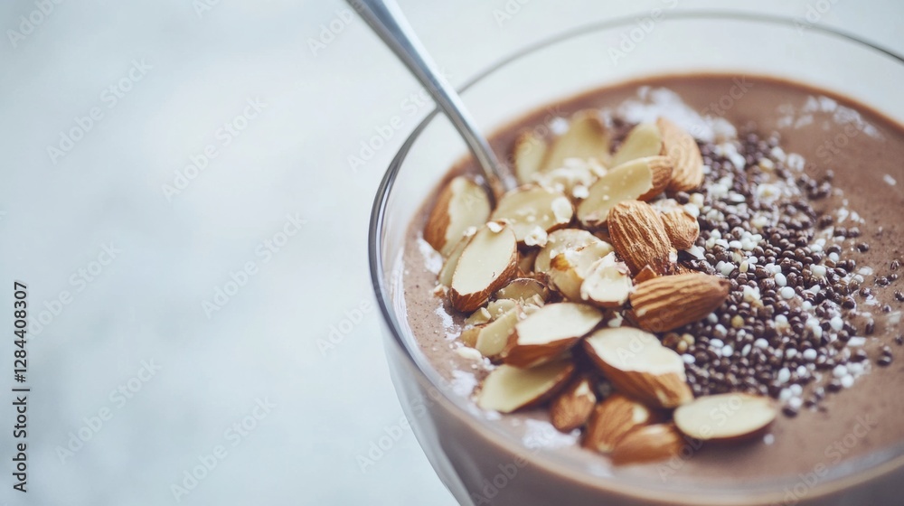 Smoothie bowl topped with puffed quinoa, cacao nibs, and toasted almonds showcases vibrant colors and textures in a trendy food setting Smoothie bowl topped with puffed quinoa, cacao nibs, and toasted almonds showcases vibrant colors and textures in a trendy food setting