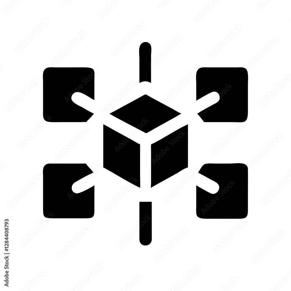 Black blockchain symbol with interconnected nodes and cube, representing digital technology and innovation Black blockchain symbol with interconnected nodes and cube, representing digital technology and innovation