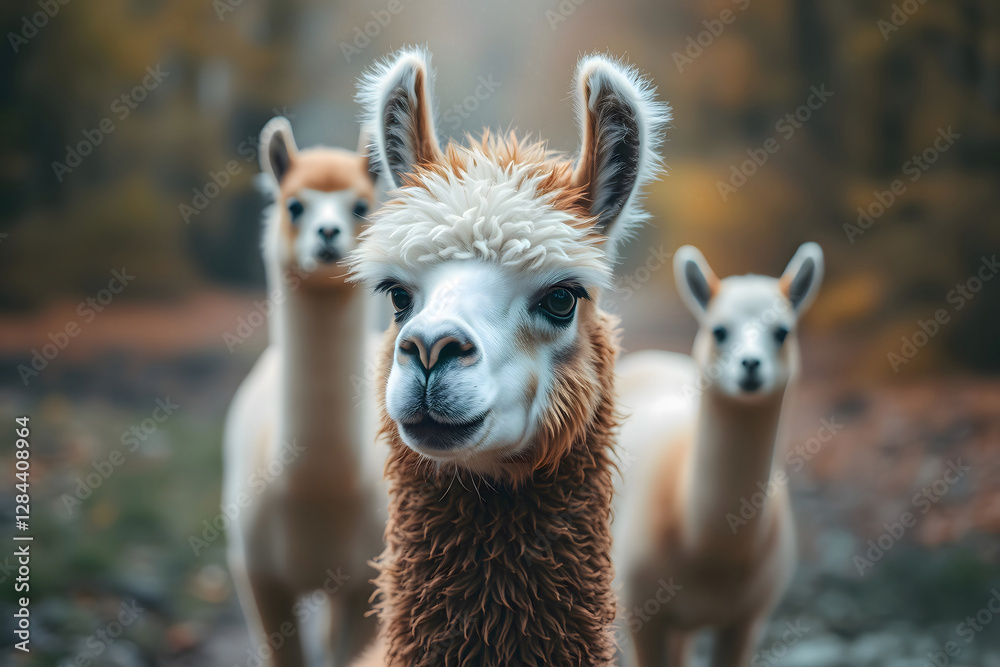 Obraz premium Tricolor Llama Close-Up with Blurred Herd Mates