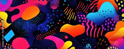 Vibrant abstract shapes and patterns with bold colors on dark background