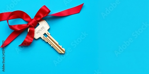 Key with Red Bow on Blue Background

