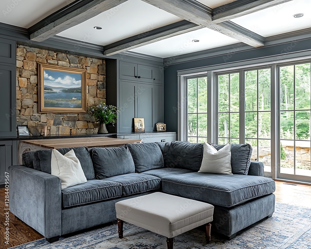 Obraz premium The spacious living room contains a gray sectional sofa and ottoman
