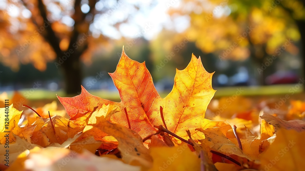 Colorful autumn leaves scattered on the ground with warm sunlight filtering through the trees : Generative AI Colorful autumn leaves scattered on the ground with warm sunlight filtering through the trees : Generative AI