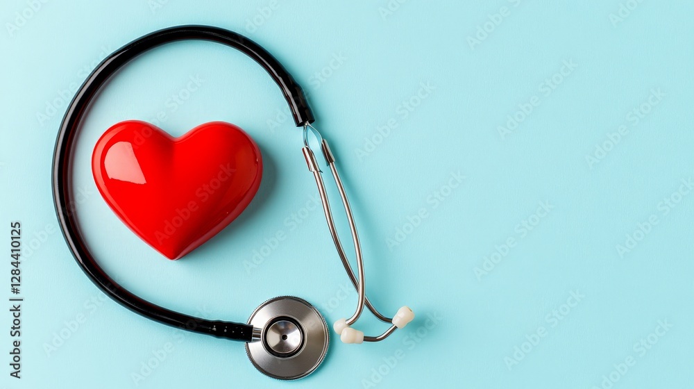 Heart Shape with Stethoscope on Light Blue Background Heart Shape with Stethoscope on Light Blue Background