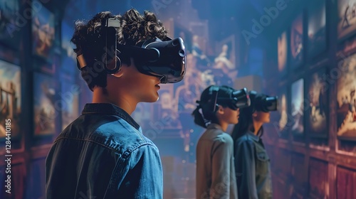 A group of students exploring historical events through virtual reality in a digital classroom.

 photo